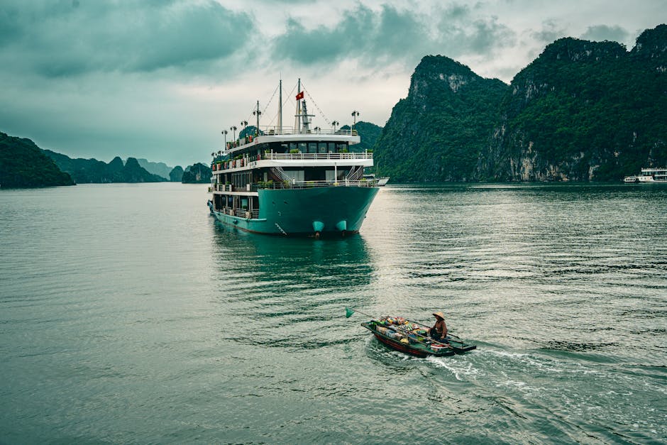 Halong Bay limestone karsts and cruise boats