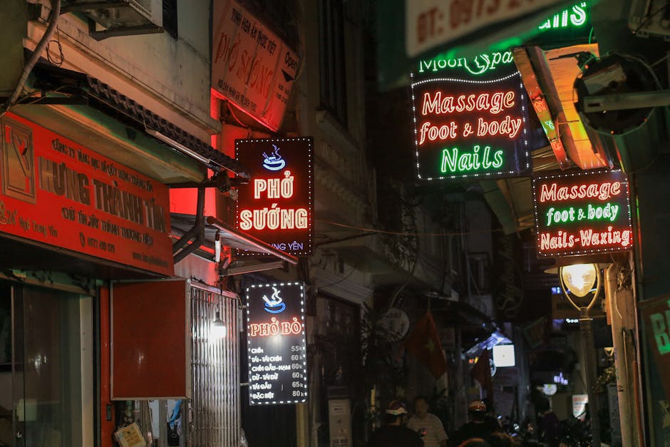 Colorful neon signs on Hanoi street