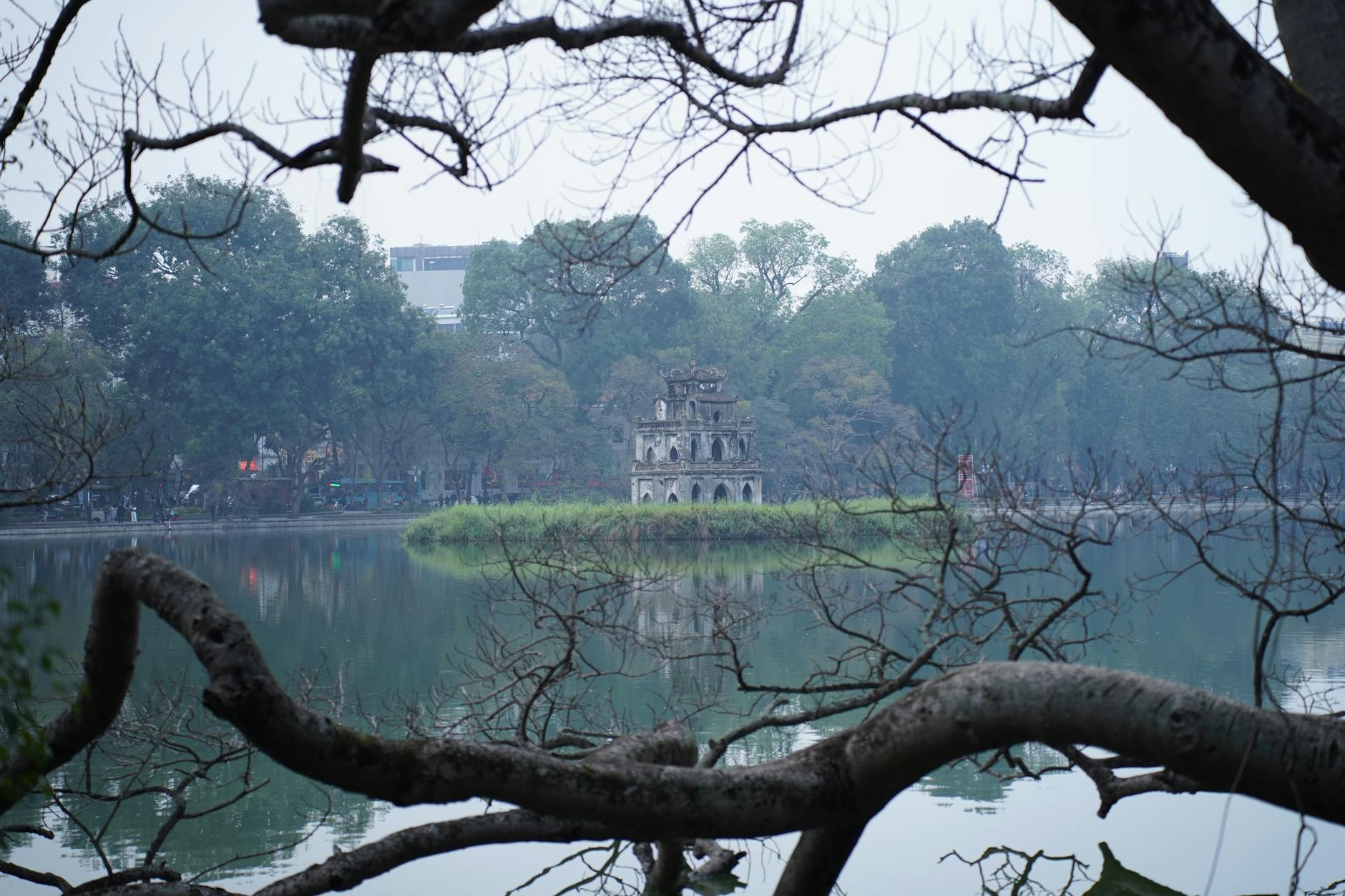 Peaceful Turtle Tower view in Hanoi over serene Hoan Kiem Lake