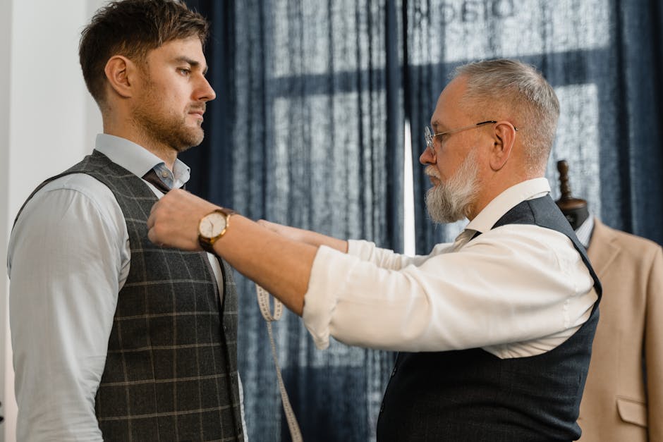 Professional tailor measuring client for custom suit
